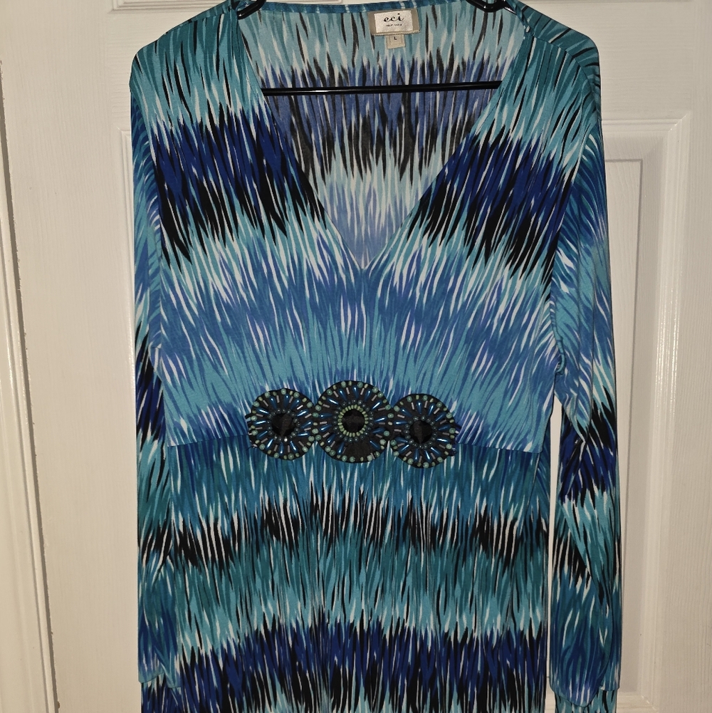 Blue and Black Patterned Long Sleeve Dress